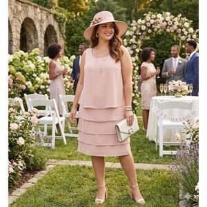 Midnight Velvet Blush Pink Tiered Sheath Dress Garden Wedding Guest Chic Size 16